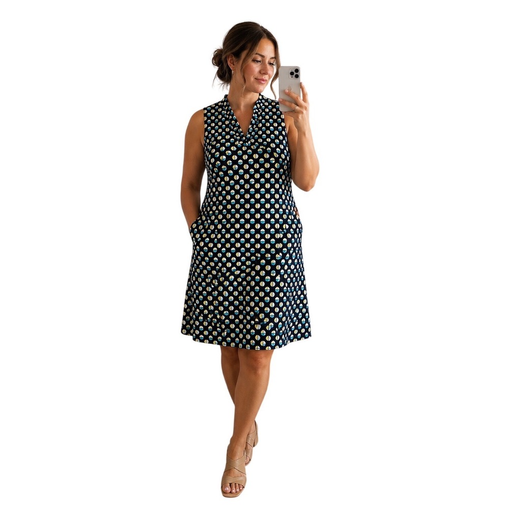 Crown & Ivy Plus 16 Navy Geometric Print Sleeveless Midi Shift Dress Pockets